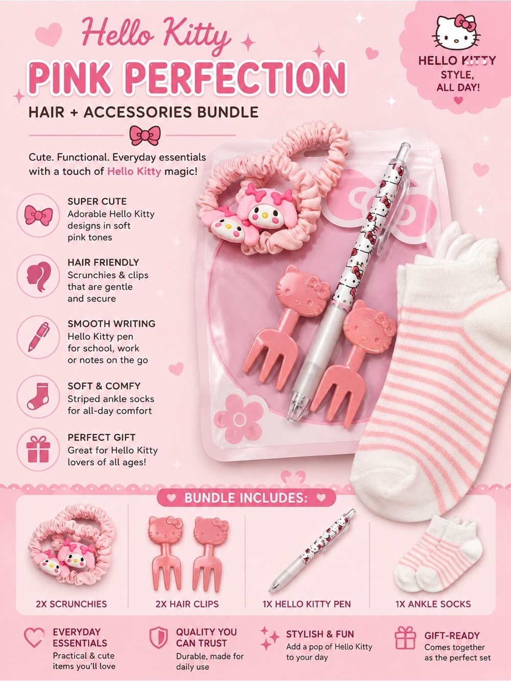5pc set Hello Kitty Pink Hair Accessories Bundle - Scrunchies Clips Pen Socks